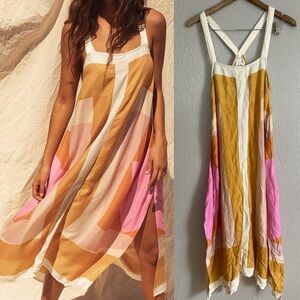 Lulu's Colorblock Mustard, Pink & Cream Midi Sundress